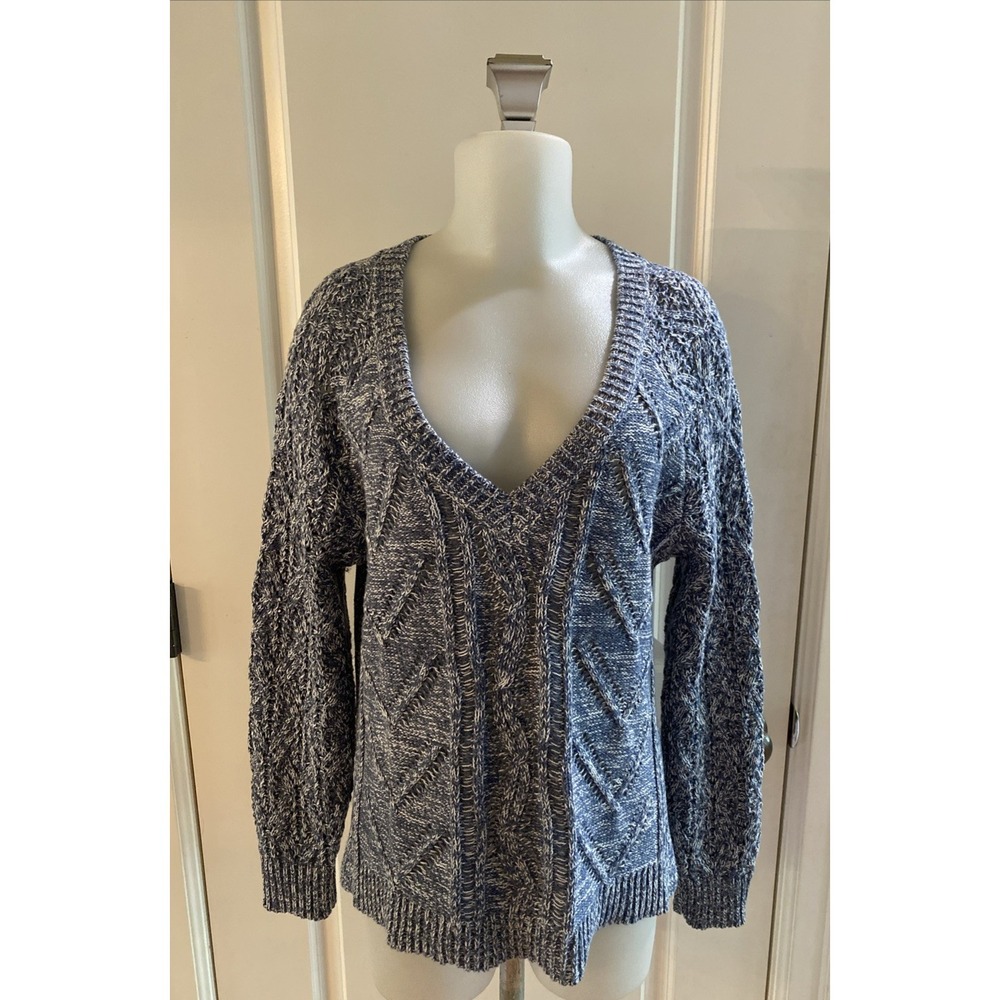 Sundance Cable Knit Sweater Size M V-Neck Blue White Cotton Blend Pullover Beach